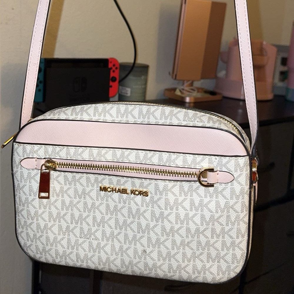 Michael Kors Pink and White Crossbody Bag with Adjustable Strap